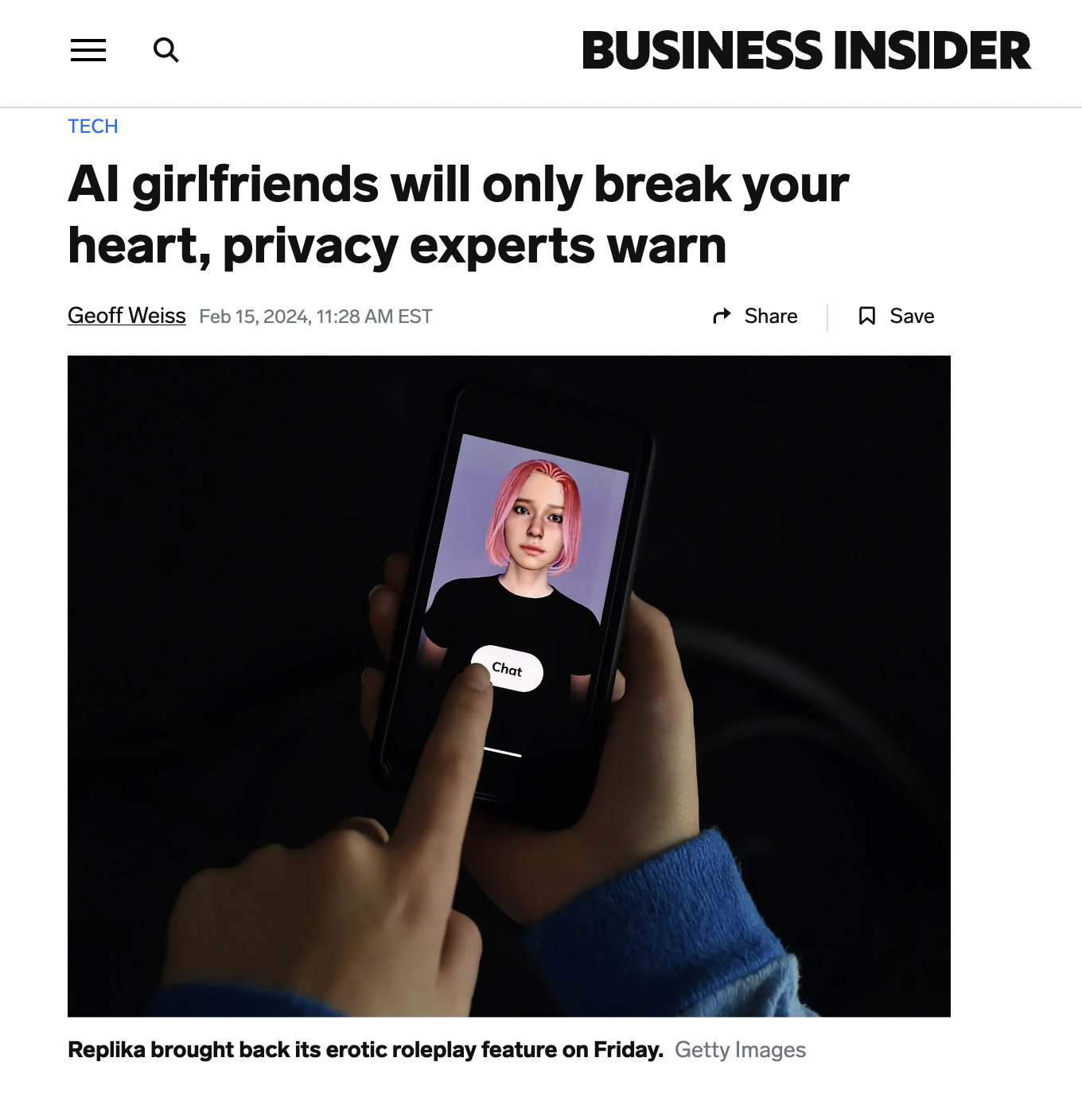 ai girlfriend data - a Tech Business Insider Al girlfriends will only break your heart, privacy experts warn Geoff Weiss , Est Save Chan Replika brought back its erotic roleplay feature on Friday. Getty Images